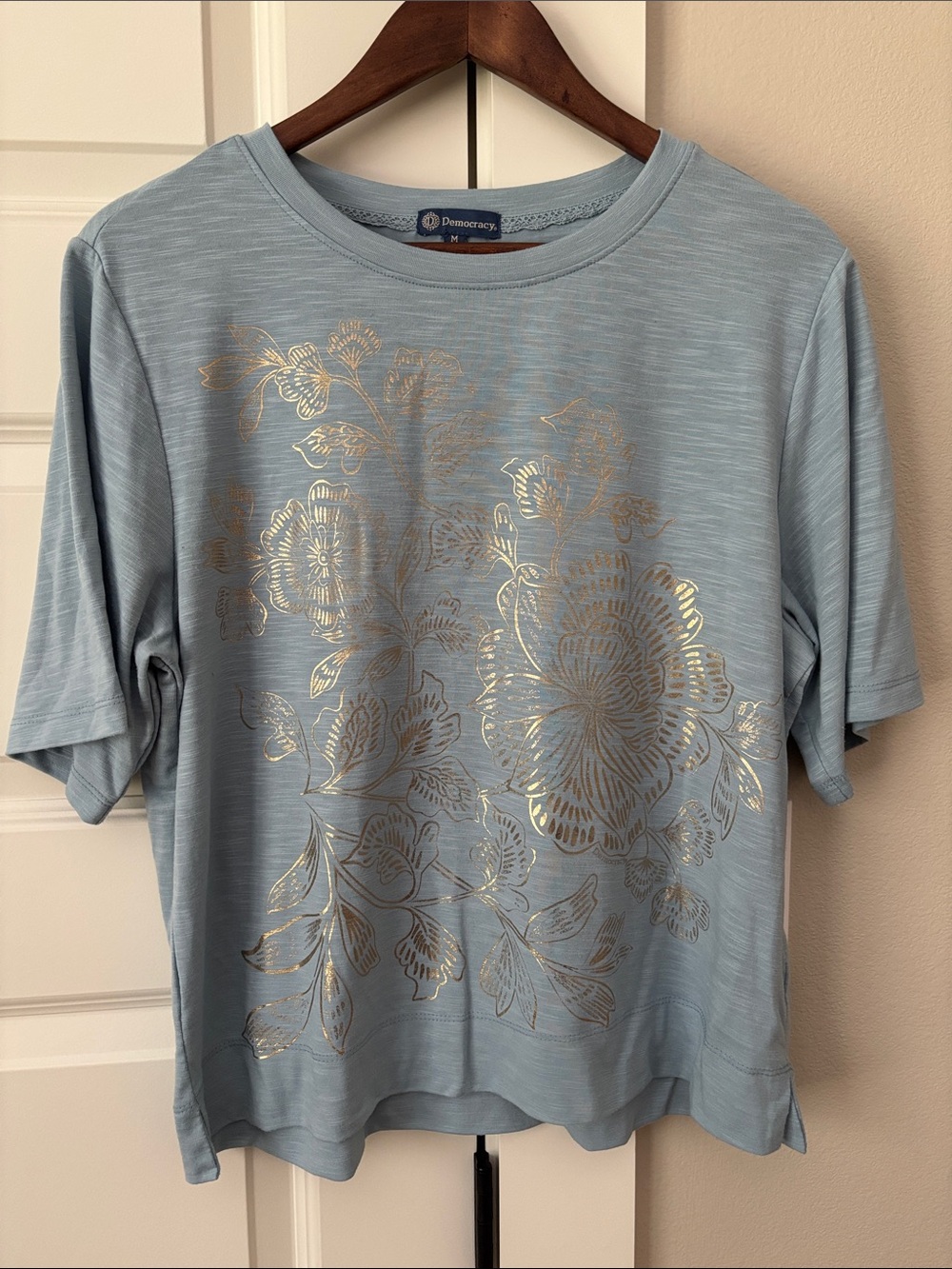 Democracy Light Blue Short Sleeve Top with Metallic Gold Floral
